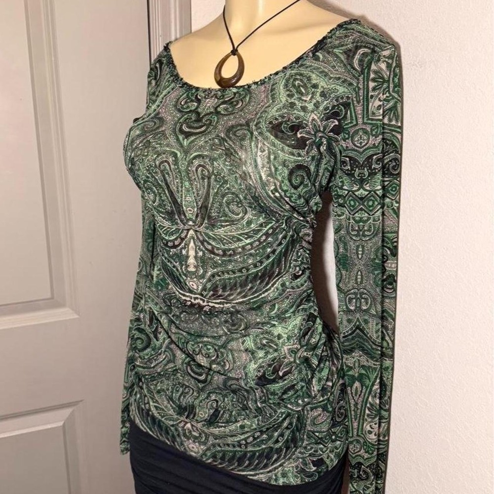 INC Y2K semi cinched green long sleeve top